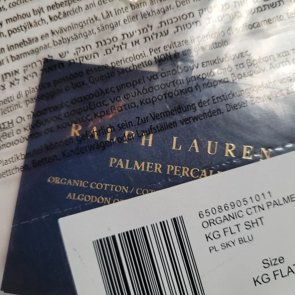 Ralph Lauren New Organic Cotton Palmer Percale King Flat Sheet White Sky Blue